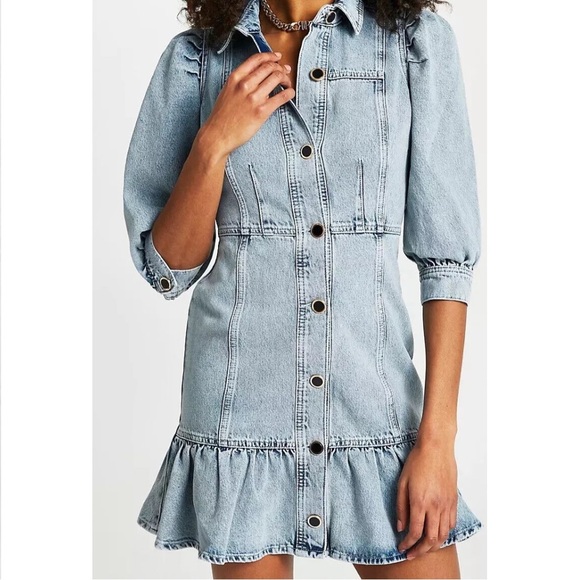 River Island Tinker T Frill Mini Denim Shirt Dress in Light Blue - Picture 12 of 16